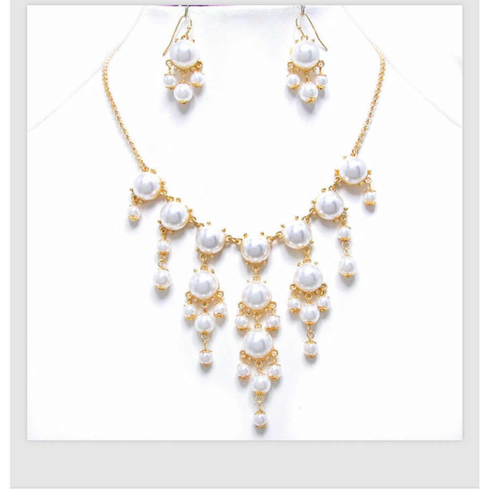 Necklace Earrings Ivory Gold Women Statement Big 16.5" Faux Pearl Jewelry Set